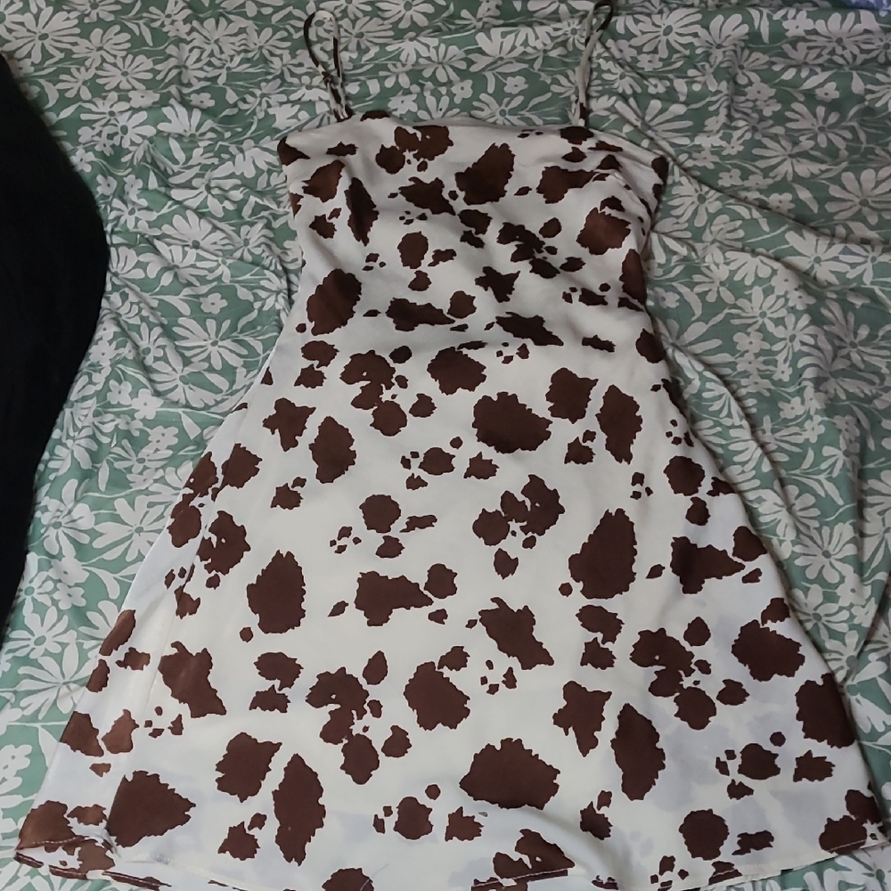 Brown and White Cow Print Spaghetti Strap Dress